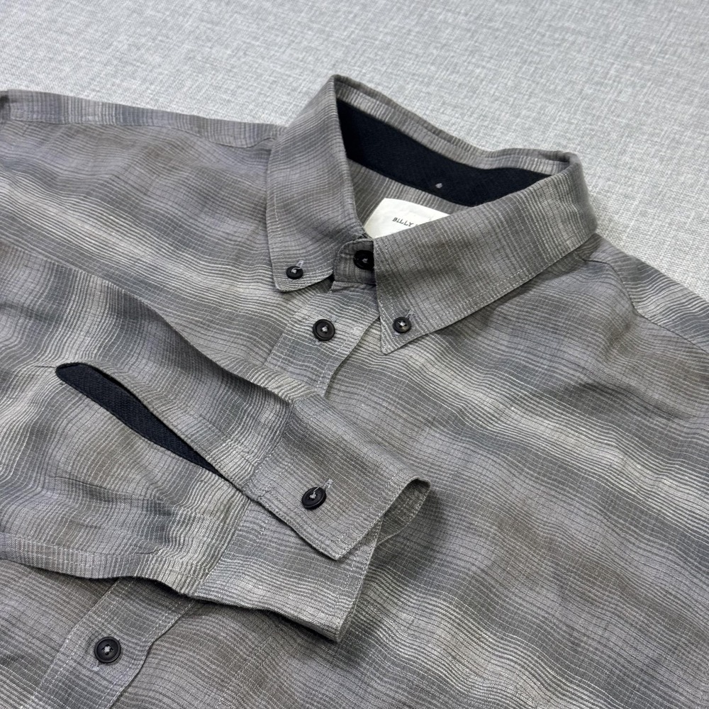 Billy Reid Linen Button-Down Shirt Mens L Gray Striped Long Sleeve Breathable